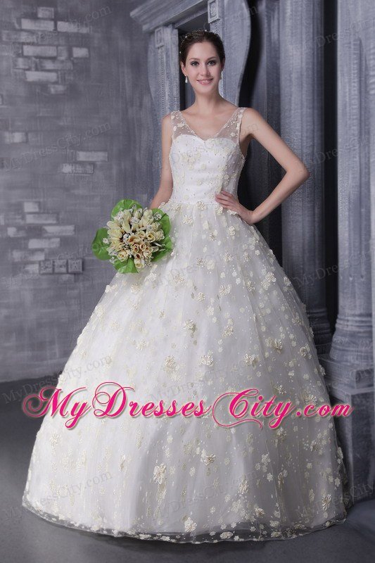 Perfect V-neck Special Fabric Ball Gown Flowers Wedding Dress