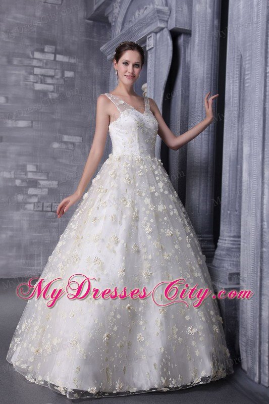 Perfect V-neck Special Fabric Ball Gown Flowers Wedding Dress