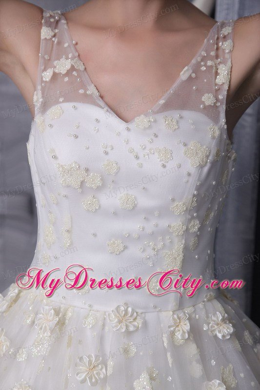 Perfect V-neck Special Fabric Ball Gown Flowers Wedding Dress