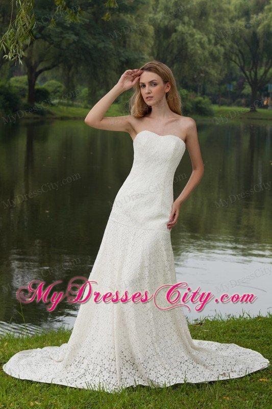 Column Strapless Lace Covered Wedding Dress with Court Train