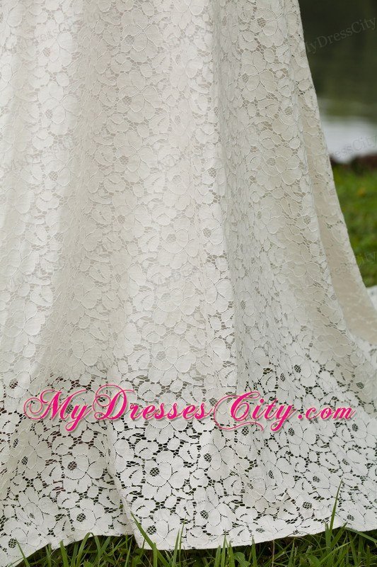 Column Strapless Lace Covered Wedding Dress with Court Train