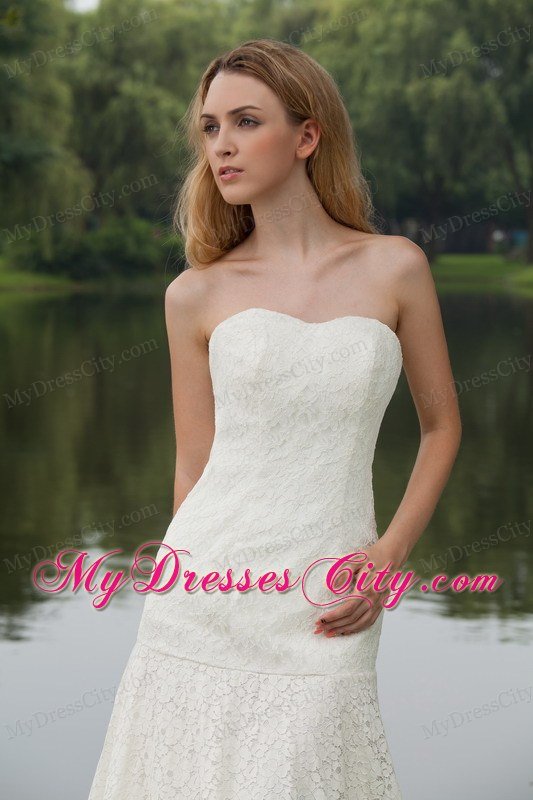 Column Strapless Lace Covered Wedding Dress with Court Train