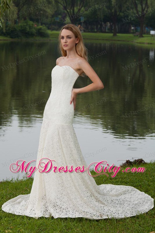 Column Strapless Lace Covered Wedding Dress with Court Train