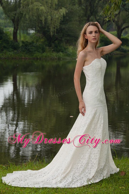 Column Strapless Lace Covered Wedding Dress with Court Train