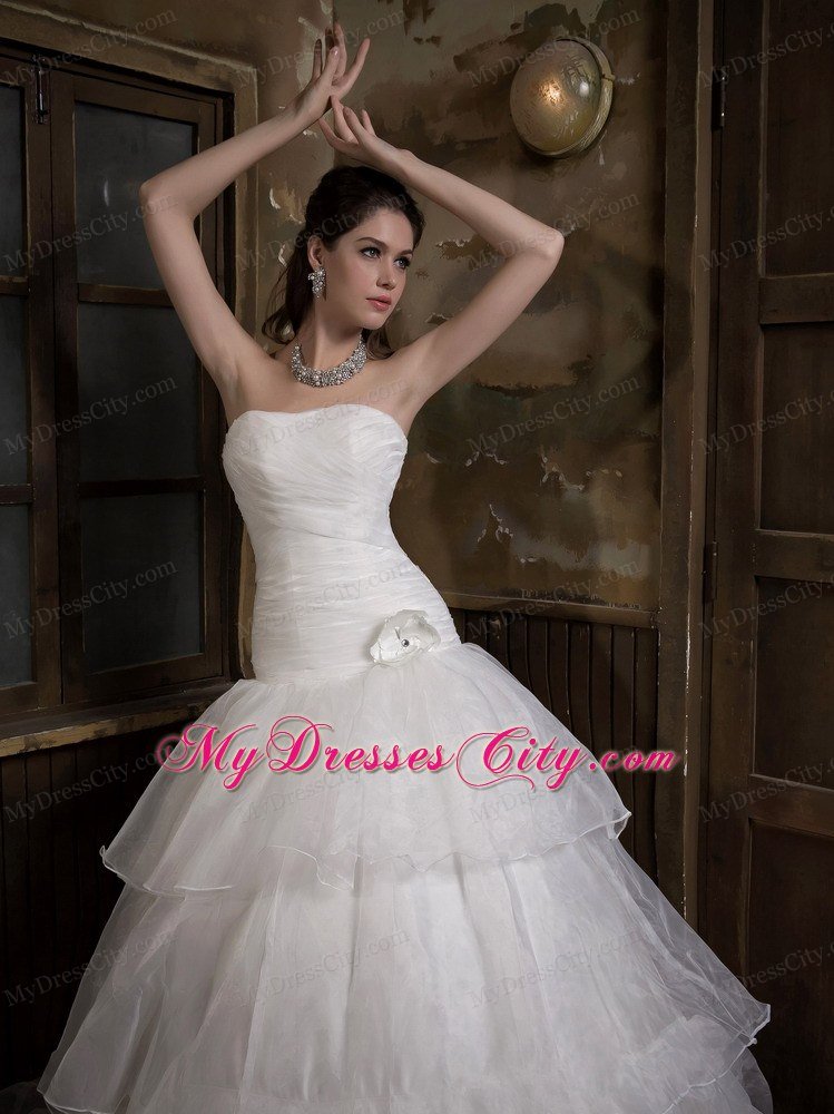 Hand Made Flower Organza Strapless Sweep Train Bridal Gown