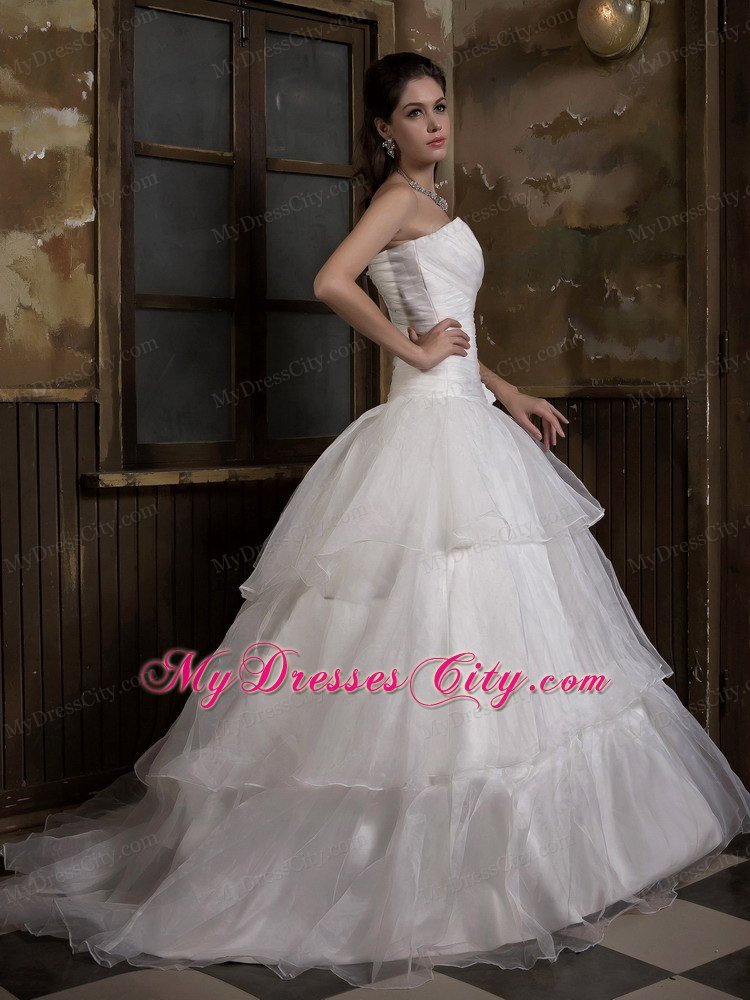 Hand Made Flower Organza Strapless Sweep Train Bridal Gown