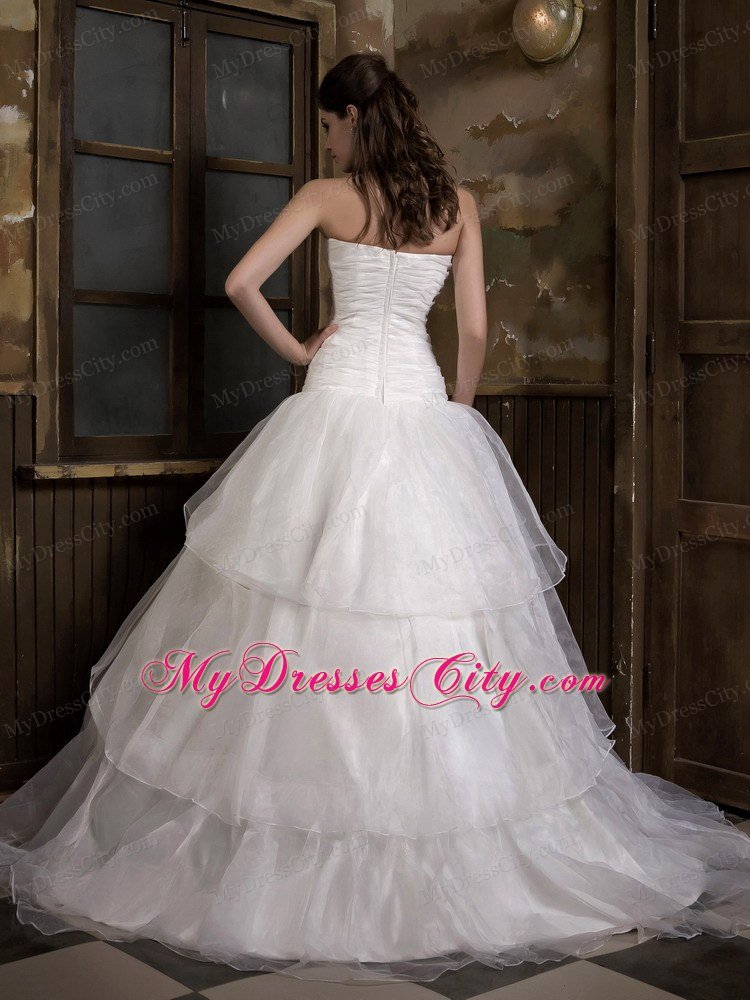 Hand Made Flower Organza Strapless Sweep Train Bridal Gown