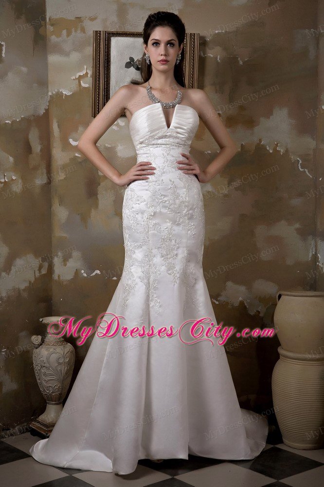 Mermaid V-neck Satin Appliques Wedding Dress with Court Train