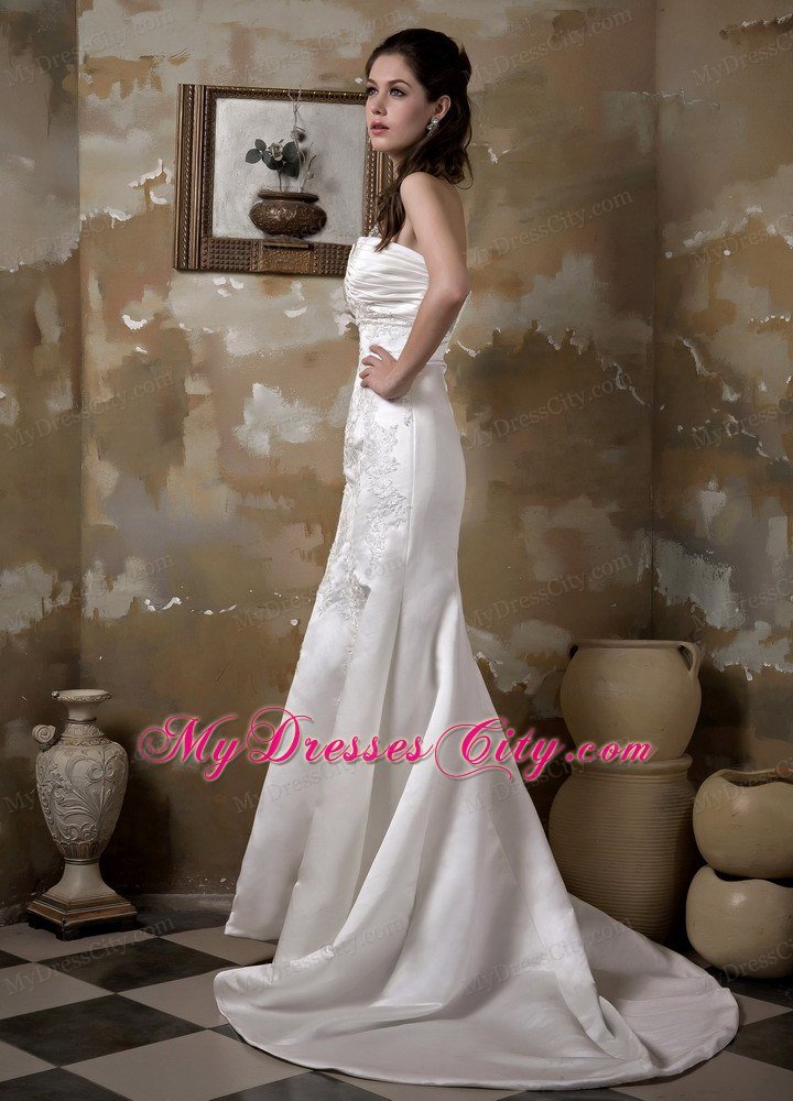 Mermaid V-neck Satin Appliques Wedding Dress with Court Train