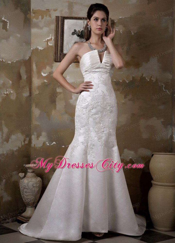 Mermaid V-neck Satin Appliques Wedding Dress with Court Train