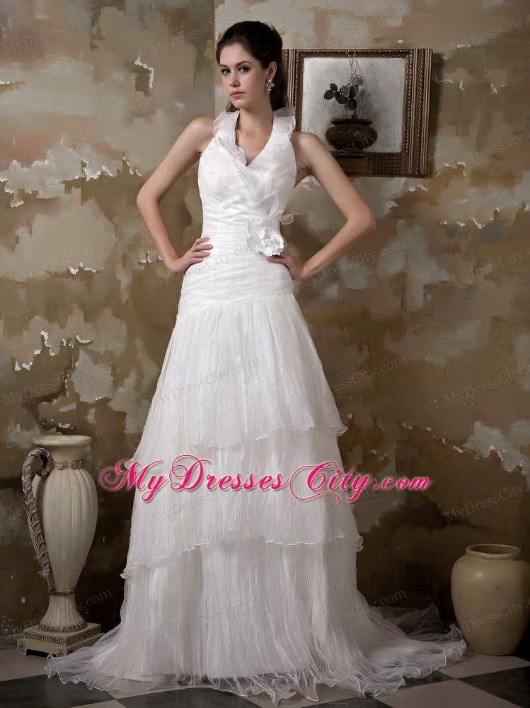 Halter Taffeta and Pleats Organza Flower Hall Wedding Dress