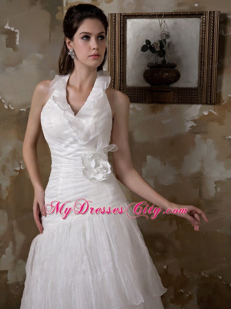 Halter Taffeta and Pleats Organza Flower Hall Wedding Dress