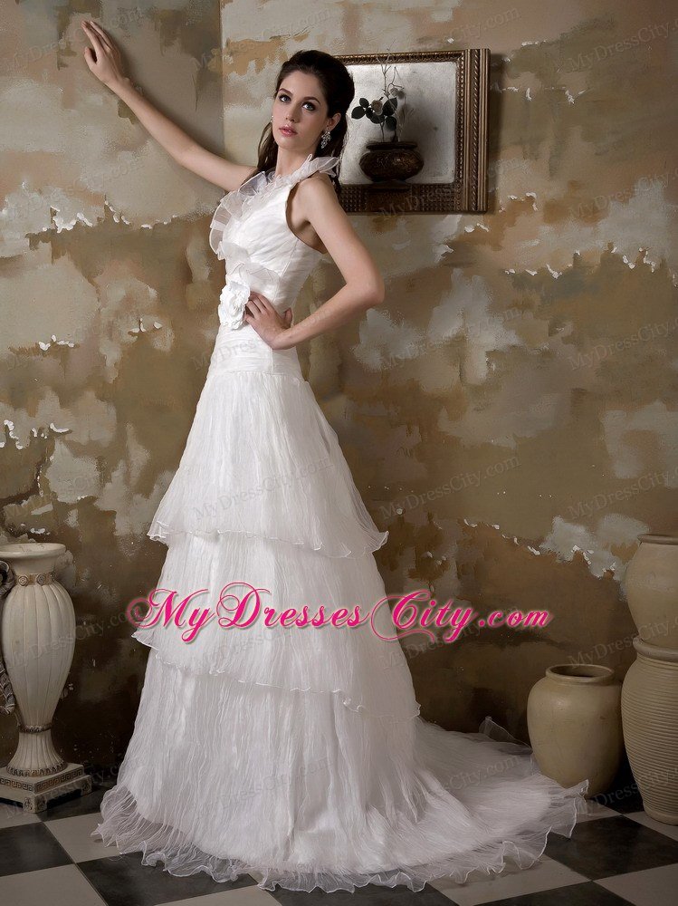 Halter Taffeta and Pleats Organza Flower Hall Wedding Dress