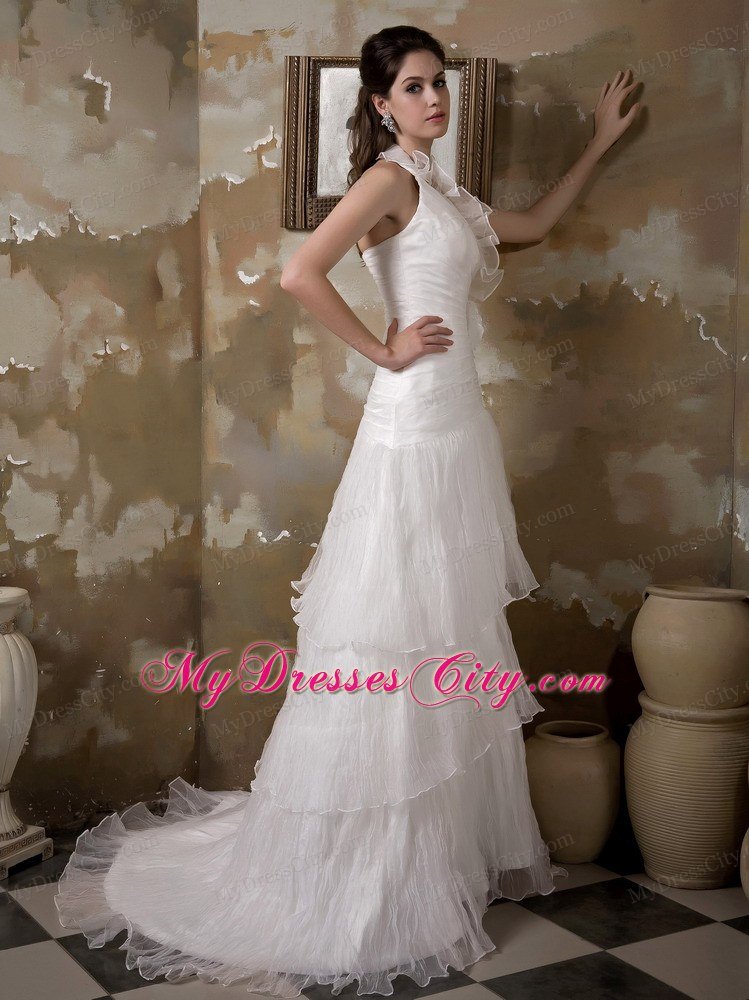 Halter Taffeta and Pleats Organza Flower Hall Wedding Dress