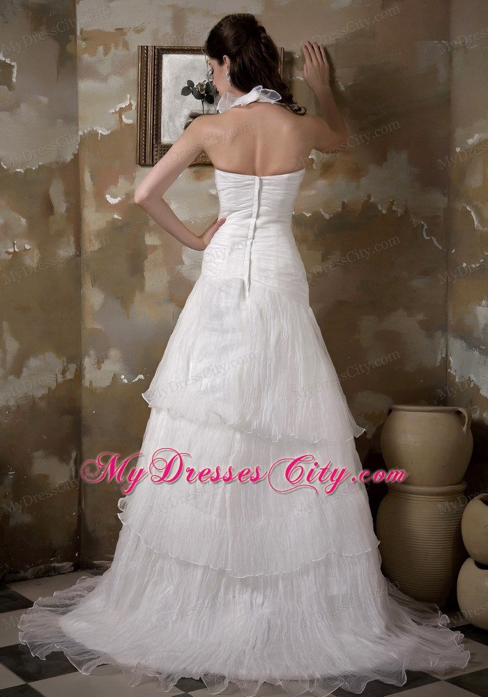 Halter Taffeta and Pleats Organza Flower Hall Wedding Dress