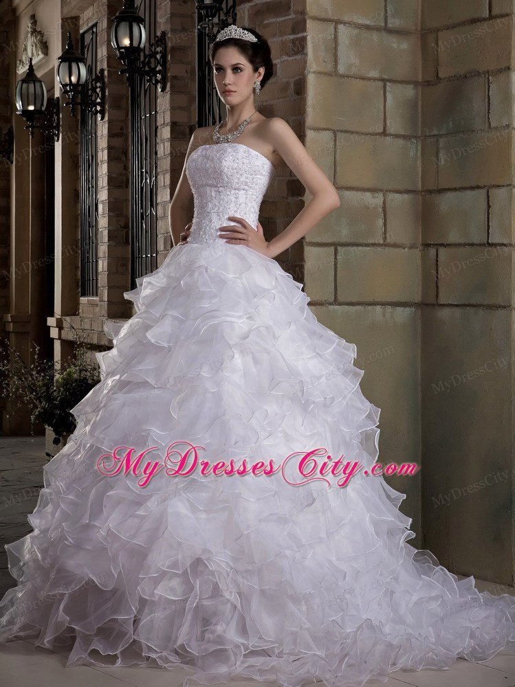 Strapless Ruffles Layered Lace and Organza Wedding Gown