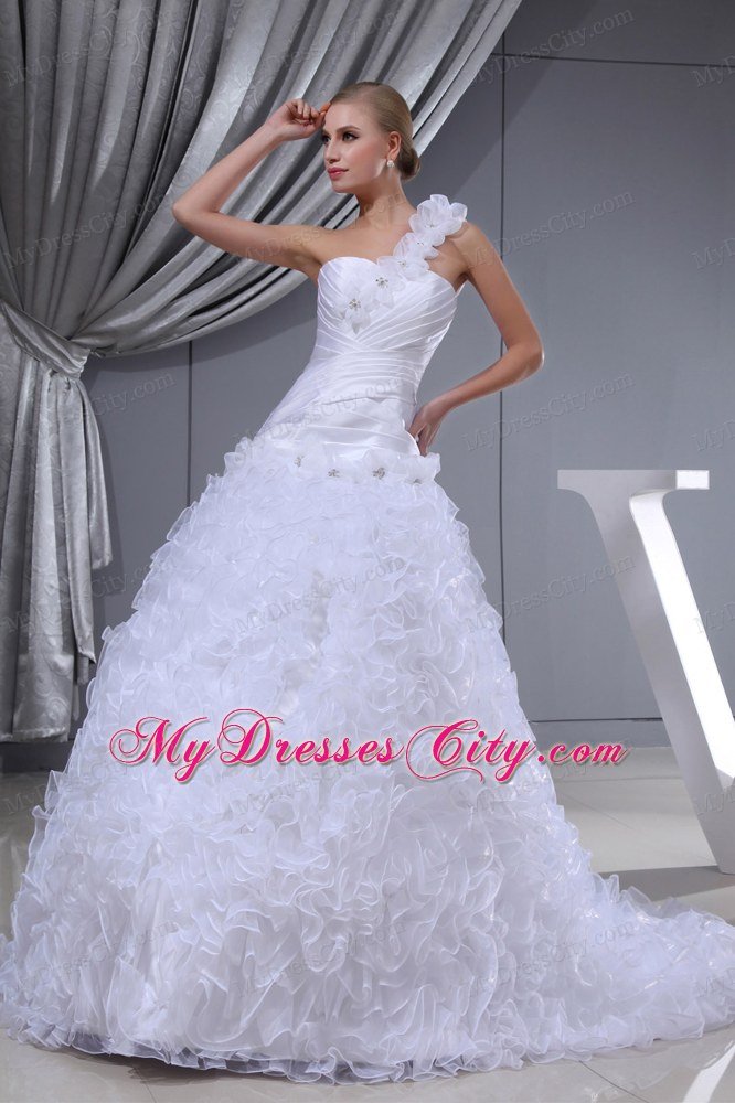 One Shoulder Ruffles Layered and Flowers Church Wedding Dress