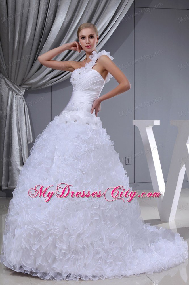 One Shoulder Ruffles Layered and Flowers Church Wedding Dress