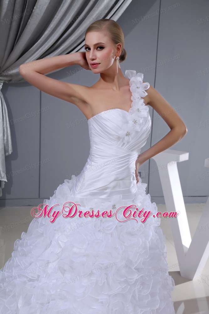 One Shoulder Ruffles Layered and Flowers Church Wedding Dress