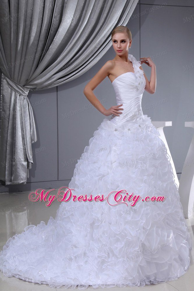 One Shoulder Ruffles Layered and Flowers Church Wedding Dress