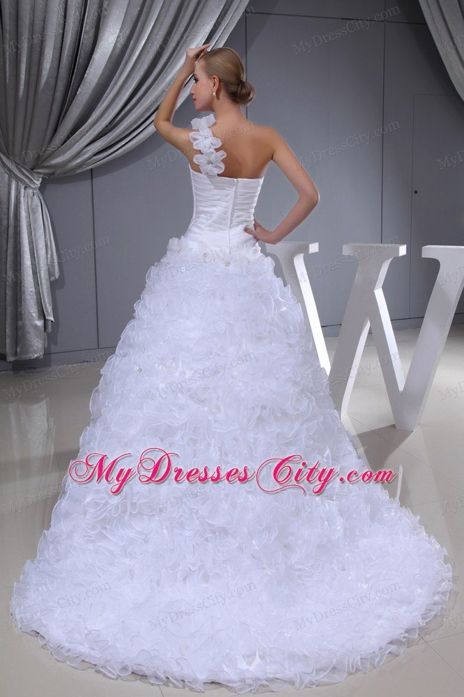 One Shoulder Ruffles Layered and Flowers Church Wedding Dress