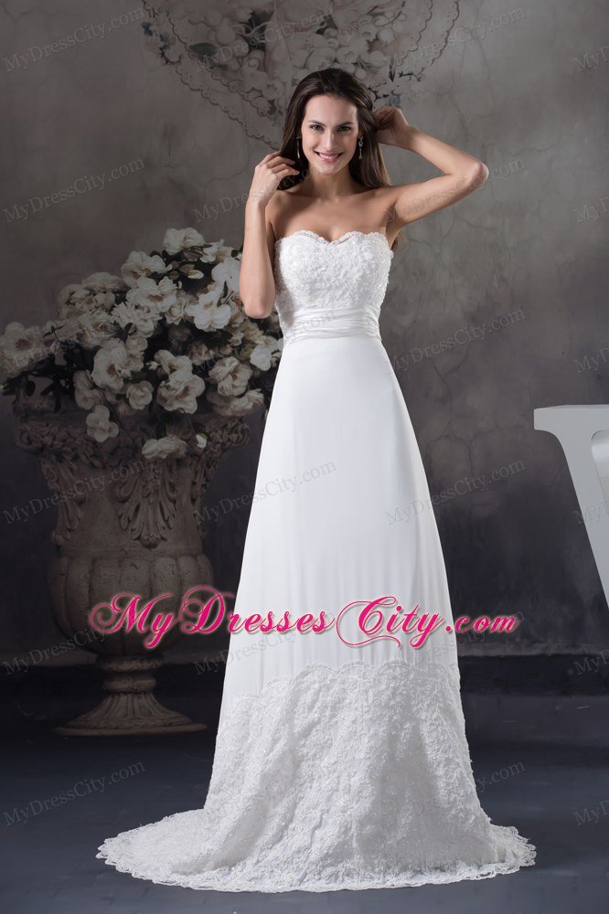 Lace Sweetheart A-line Brush Train wedding gown With Ruching