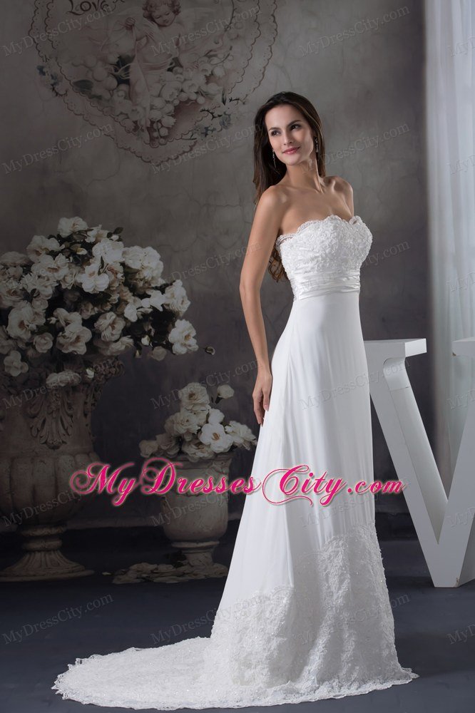 Lace Sweetheart A-line Brush Train wedding gown With Ruching