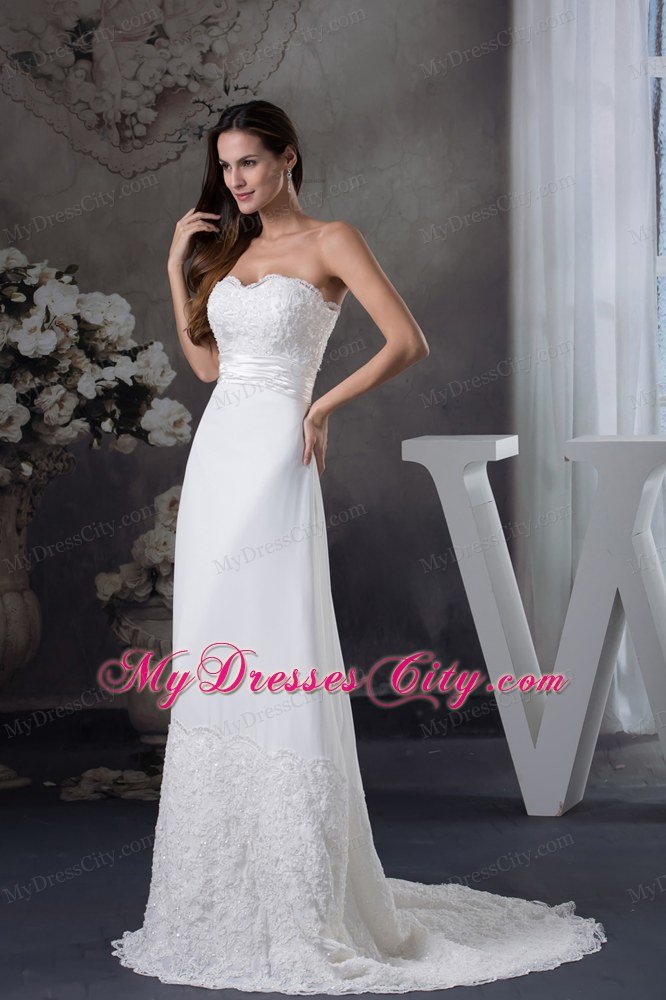 Lace Sweetheart A-line Brush Train wedding gown With Ruching