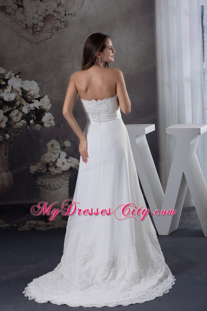 Lace Sweetheart A-line Brush Train wedding gown With Ruching