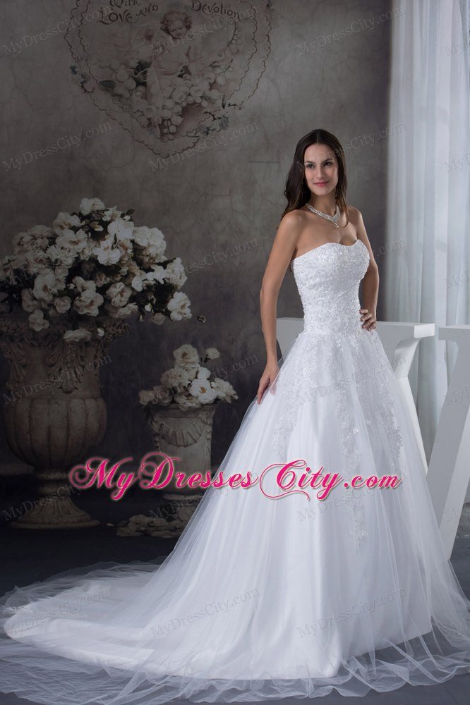 Court Train A-line Wedding Dress With Appliques over Bodice