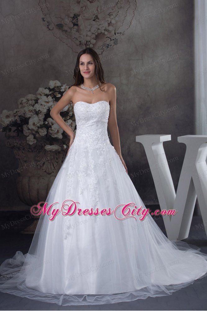 Court Train A-line Wedding Dress With Appliques over Bodice