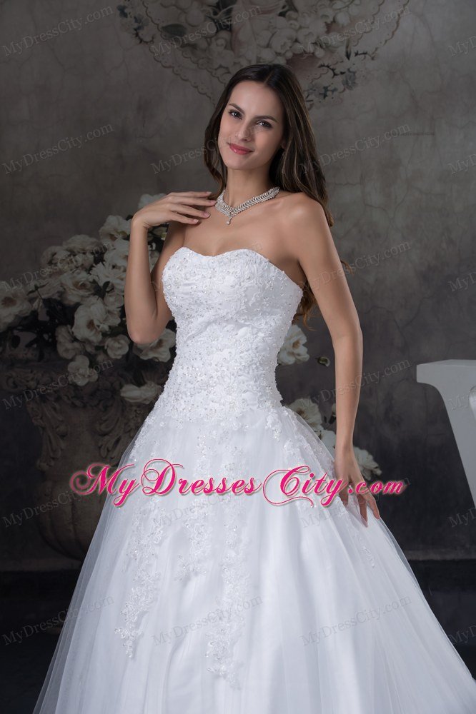 Court Train A-line Wedding Dress With Appliques over Bodice