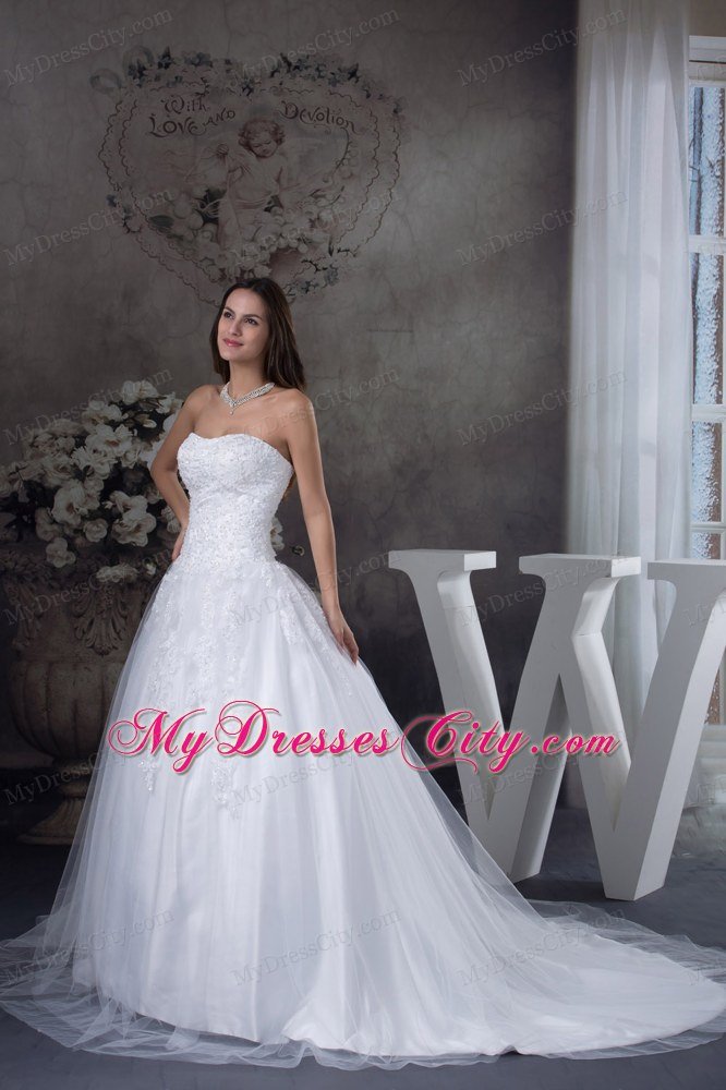 Court Train A-line Wedding Dress With Appliques over Bodice