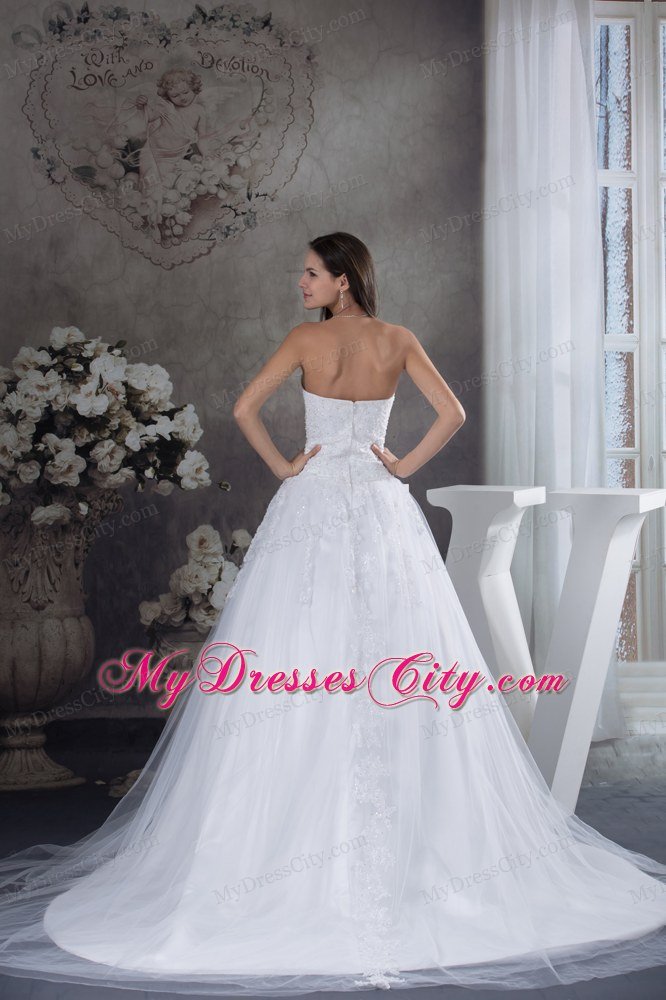 Court Train A-line Wedding Dress With Appliques over Bodice