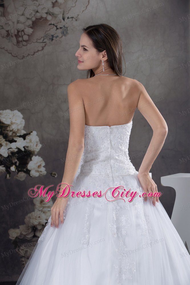 Court Train A-line Wedding Dress With Appliques over Bodice