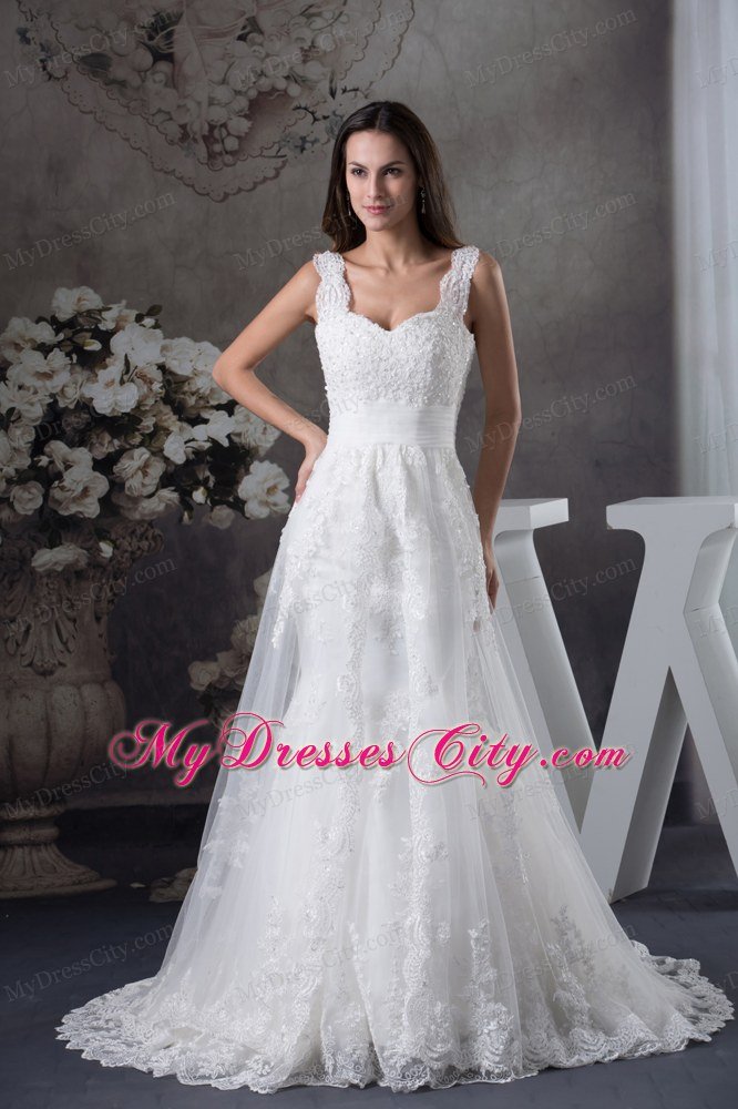 Straps Lace Brush Train A-line Wedding Dress with Brush Train