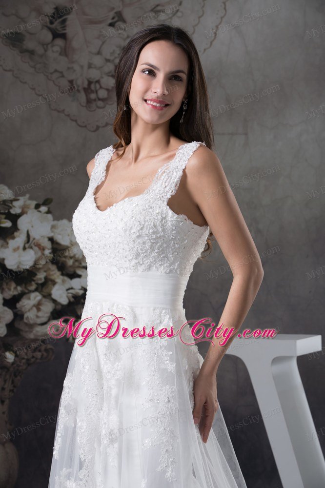 Straps Lace Brush Train A-line Wedding Dress with Brush Train