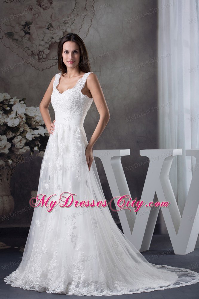 Straps Lace Brush Train A-line Wedding Dress with Brush Train