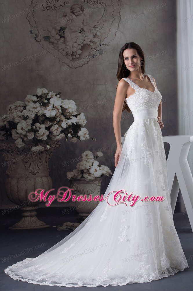 Straps Lace Brush Train A-line Wedding Dress with Brush Train