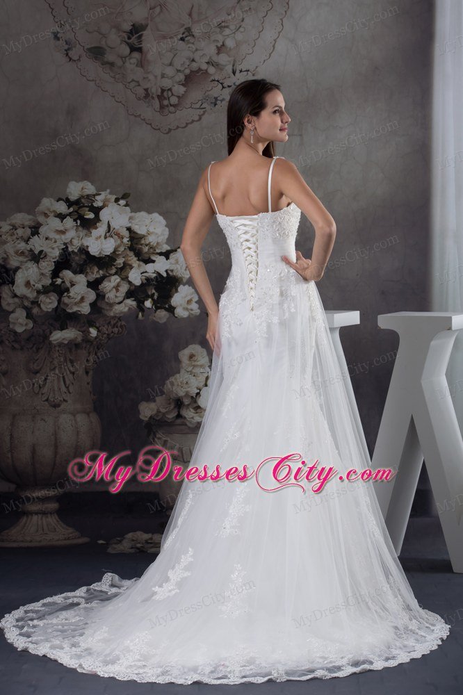 Straps Lace Brush Train A-line Wedding Dress with Brush Train