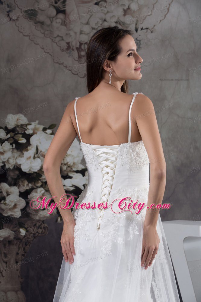 Straps Lace Brush Train A-line Wedding Dress with Brush Train