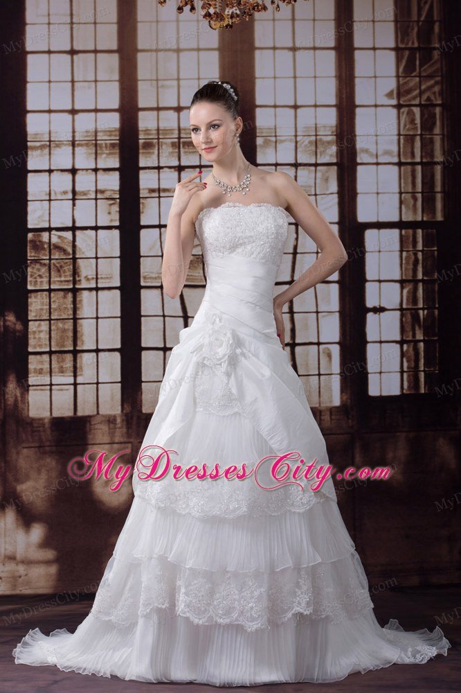 Lace Hand Made Flower Pleat Wedding Dress with Ruffled Layers