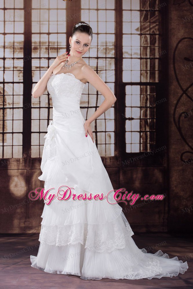 Lace Hand Made Flower Pleat Wedding Dress with Ruffled Layers