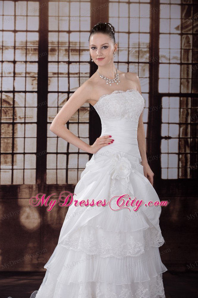 Lace Hand Made Flower Pleat Wedding Dress with Ruffled Layers