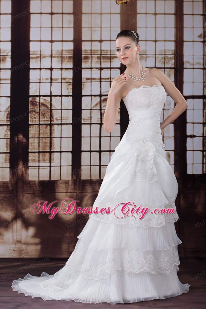 Lace Hand Made Flower Pleat Wedding Dress with Ruffled Layers