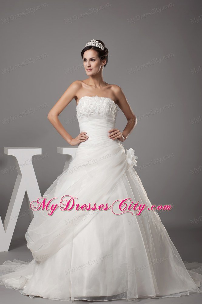 Hand Flowers Strapless Court Train Side Zipper Wedding Dress