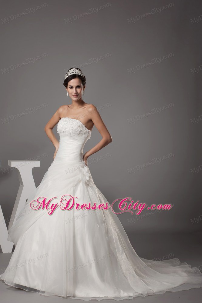 Hand Flowers Strapless Court Train Side Zipper Wedding Dress