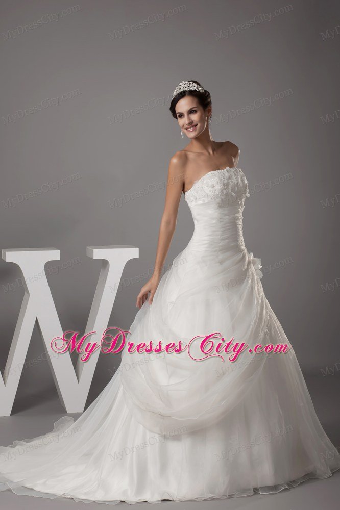 Hand Flowers Strapless Court Train Side Zipper Wedding Dress