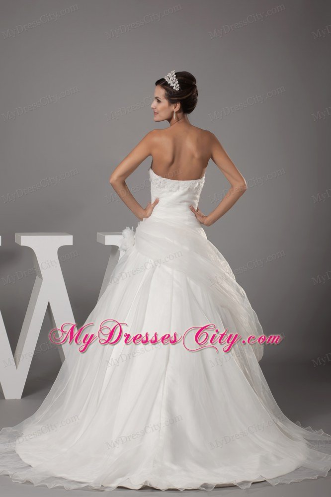 Hand Flowers Strapless Court Train Side Zipper Wedding Dress