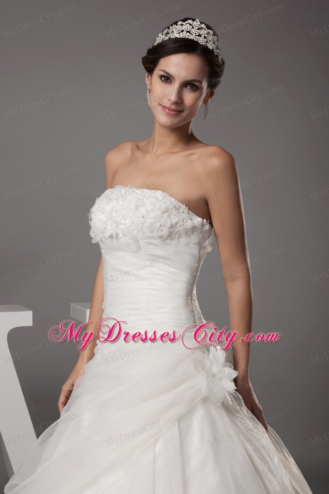 Hand Flowers Strapless Court Train Side Zipper Wedding Dress